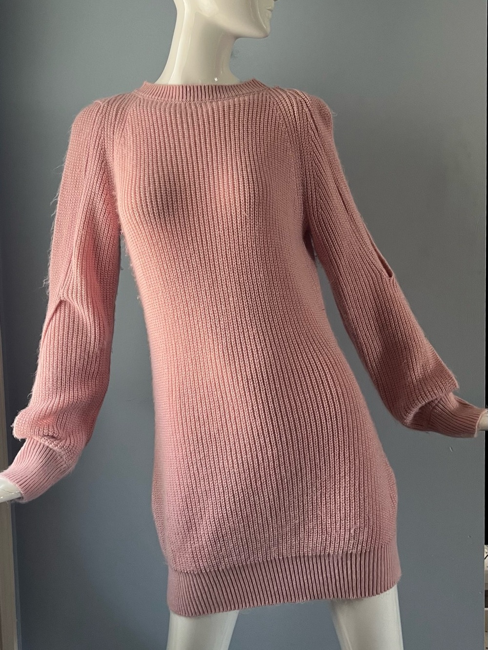 Cozy Light Pink Ribbed Knit Sweater Dress Double Slit Long Sleeves Size S